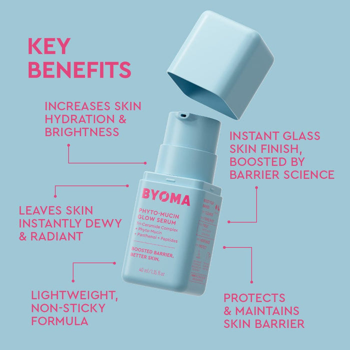 BYOMA skincare serum with key benefits listed on a light blue background