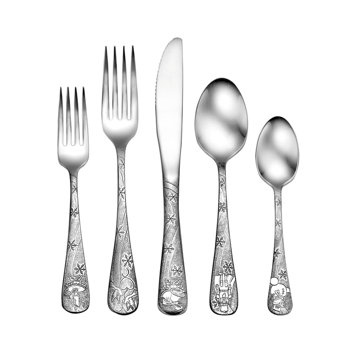 Five-piece stainless steel flatware: two forks, knife, tablespoon, teaspoon; handles engraved with animals and vehicles