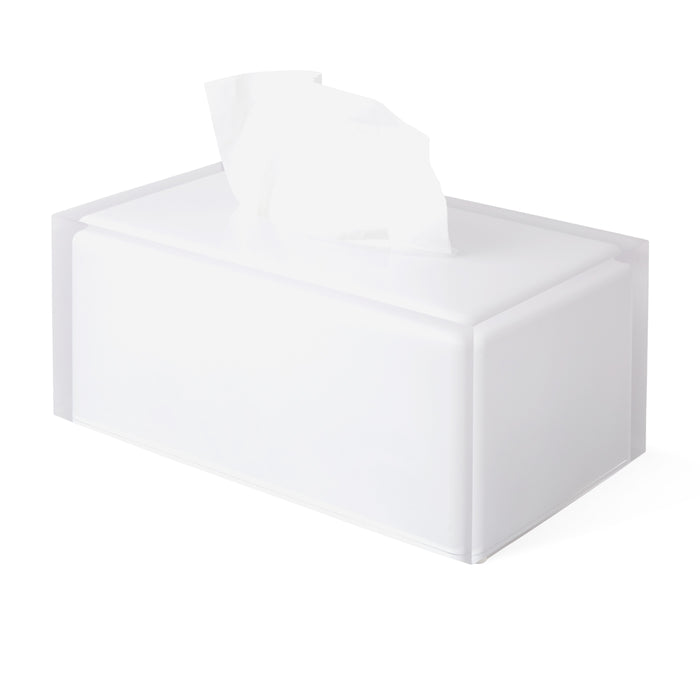 hollywood long tissue box acrylic white clear with tissue - angle view