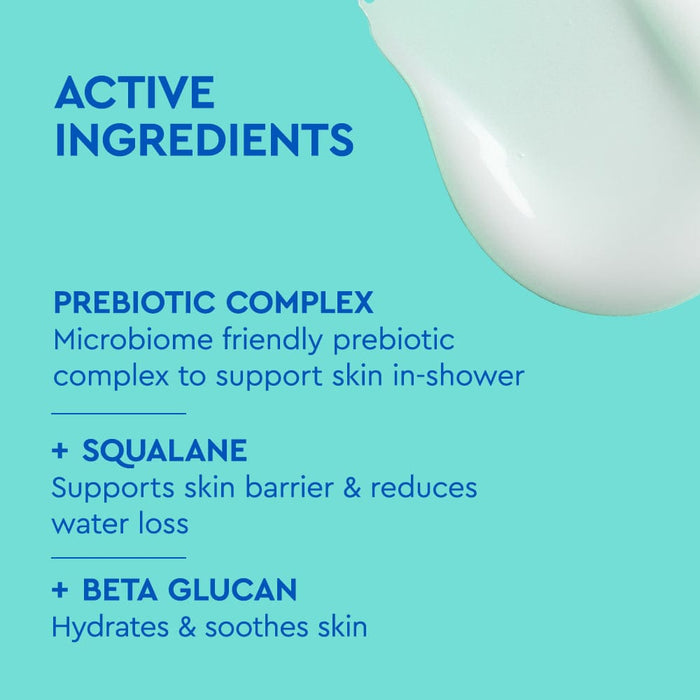 BYOMA Hydrating Body Wash label listing active ingredients, on a blue background.