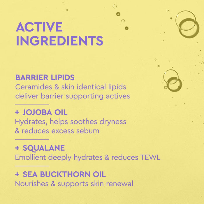 List of active ingredients for a skincare product on a yellow background
