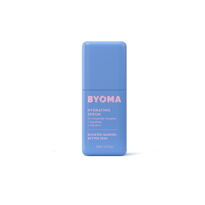 A light blue rectangular bottle of BYOMA Hydrating Serum centered on a solid dark green background.