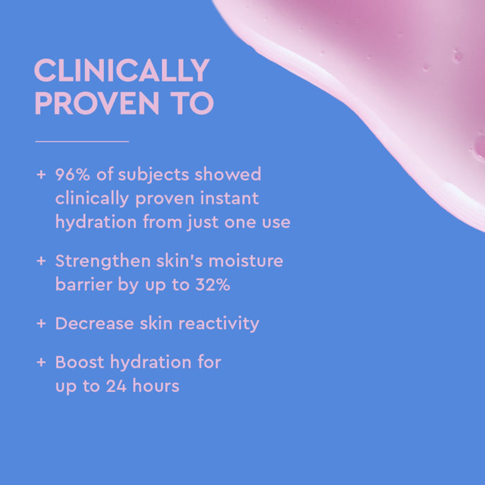 A blue promotional graphic with white text reading 'CLINICALLY PROVEN TO' followed by bullet points about hydration benefits, plus a pink liquid droplet shape in the top-right corner.