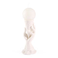 White ceramic sculpture of a figure with a spherical object on a white background