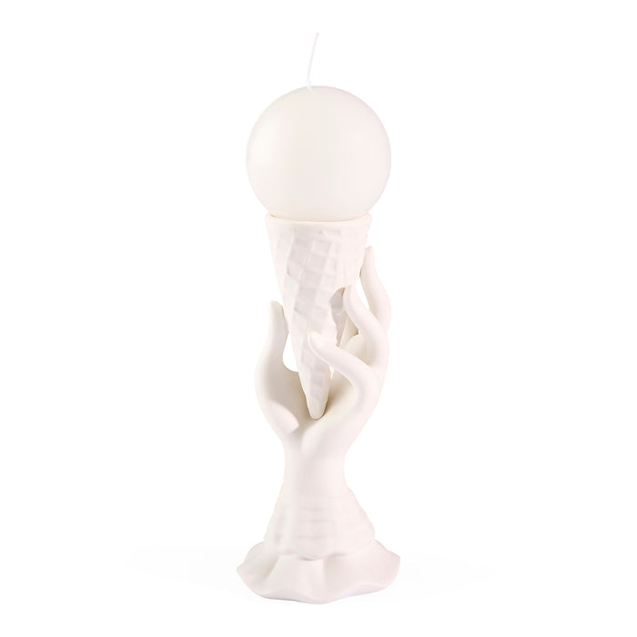 White ceramic sculpture of a figure with a spherical object on a white background