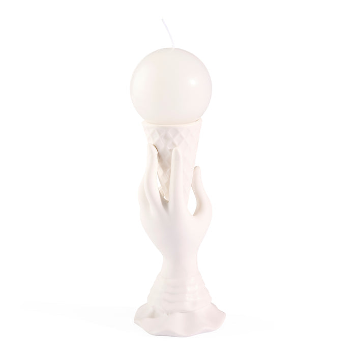 White ceramic sculpture of a figure holding a sphere on a white background
