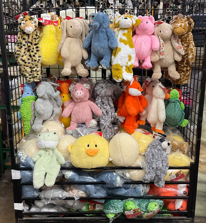 Large Fms Dog Beds Toys, soft and colorful plush dog toys with squeakers, designed for play and comfort for dogs.