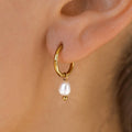 A person wearing a dainty gold huggie earring with a single freshwater pearl dangling from it.
