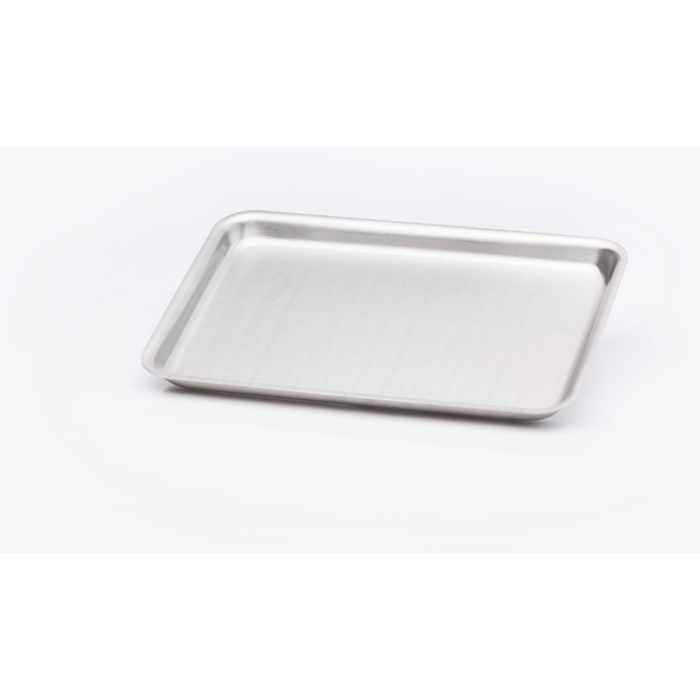 Angled top view of stainless steel Jelly Roll Pan showing 1-inch lip on white background