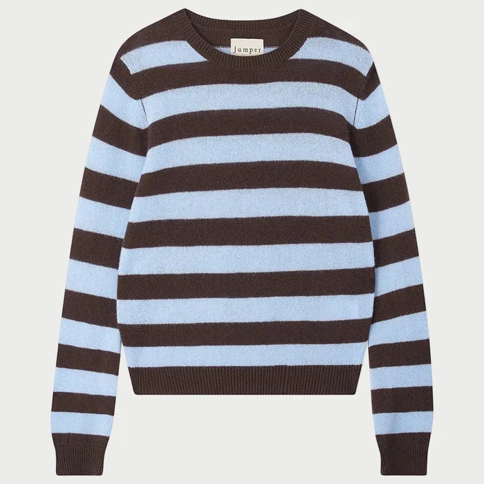 Experience the JUMPER1234 Cashmere Stripe Crew, a long-sleeve lightweight sweater designed with horizontal light blue and dark brown stripes, featuring a classic crew neck and the signature JUMPER1234 label.