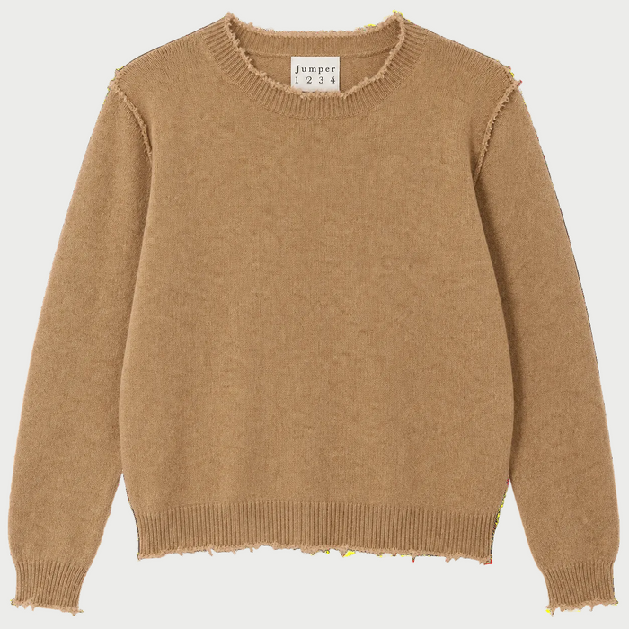 A camel-colored knit sweater with a raw, frayed hem and sleeve cuffs, shown flat against a white background. The neck label reads 'Jumper 1 2 3 4'.