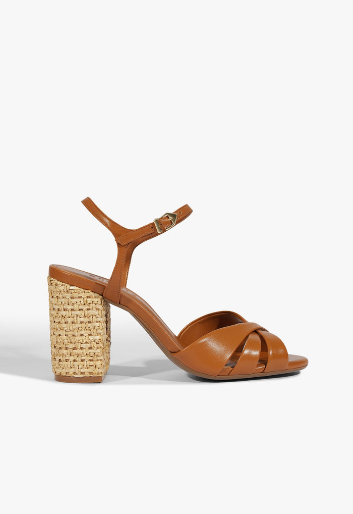 Keefa Raffia High Block Sandal 5 Burnt Honey Leather - Schutz Shoes