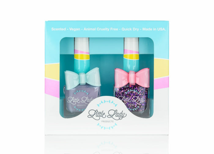 Lady Mermaid Duo nail polish set in a decorative box, featuring a glittery bottle with a pink bow, ideal for a fun, safe kids' manicure.