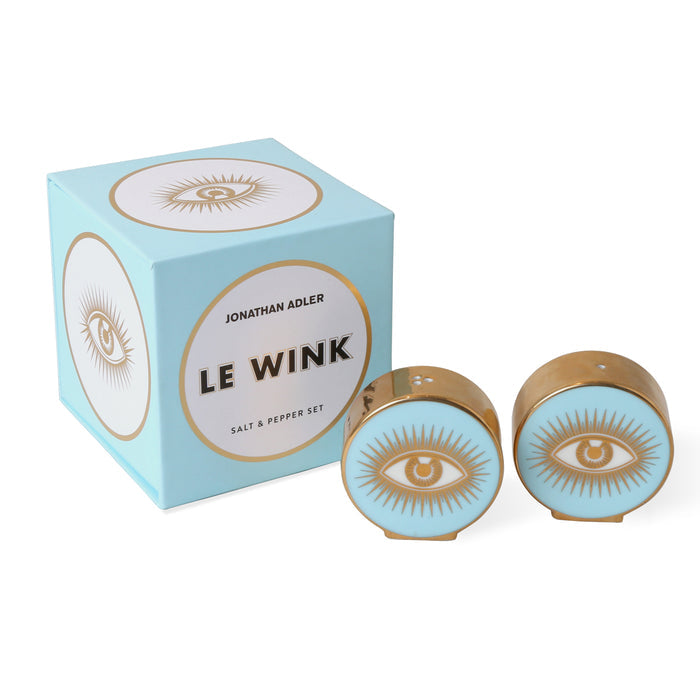 le wink salt and pepper set porcelain blue gold with box - angle view 1