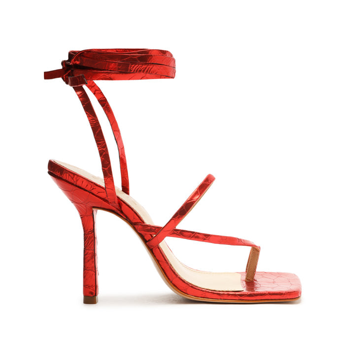 Lily Metallic Crocodile-Embossed Leather Sandal 5 Red Metallic Crocodile-Embossed Leather - Schutz Shoes