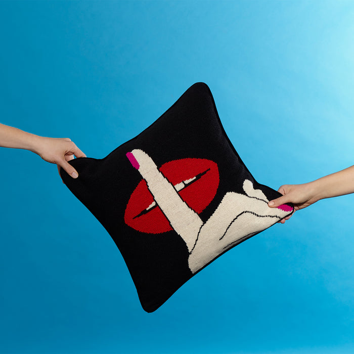 lips hush needlepoint throw pillow blue background - styled view