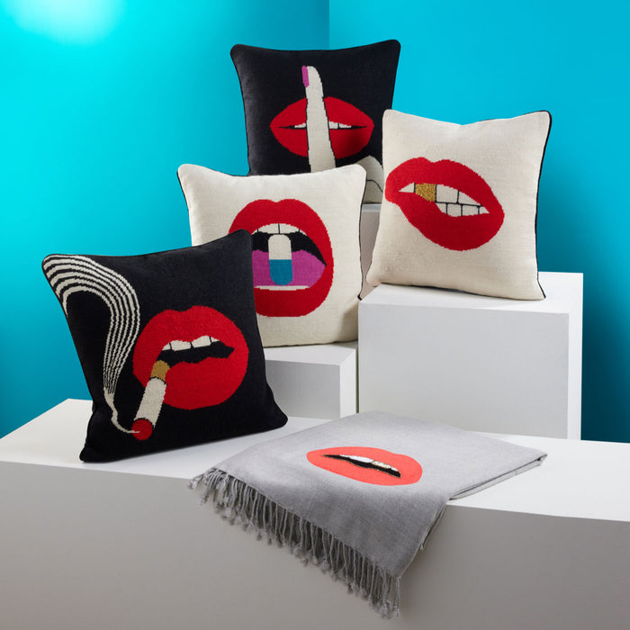 lips hush needlepoint throw pillow wool red white blue - back view