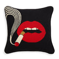 lips smolder needlepoint throw pillow wool red white blue - front view