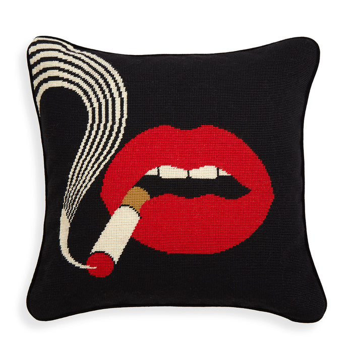 lips smolder needlepoint throw pillow wool red white blue - front view