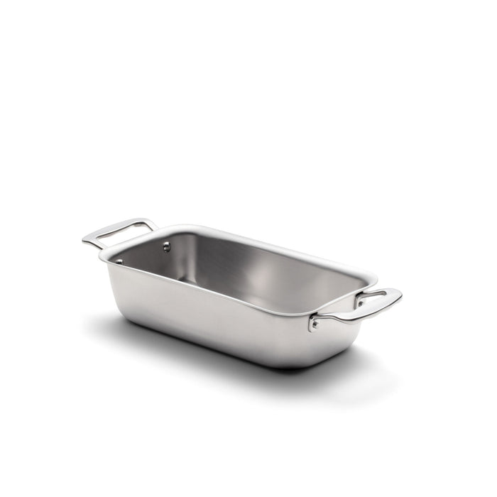 Angled view of Loaf Pan with Handles showcasing stainless steel construction and two carry handles with a white background