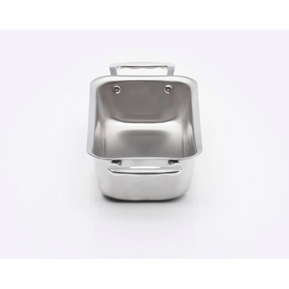 Front view of stainless steel loaf pan with handles showcasing polished interior and riveted handles on white background