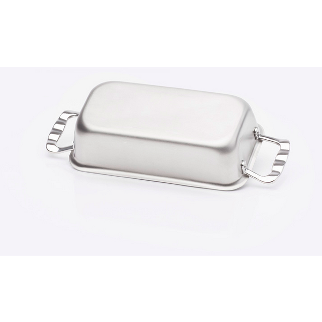 Angled view of Loaf Pan with Handles showcasing stainless surgical steel finish, carrying handles, and 10.83 by 5.84 inches rim-to-rim dimensions with white background