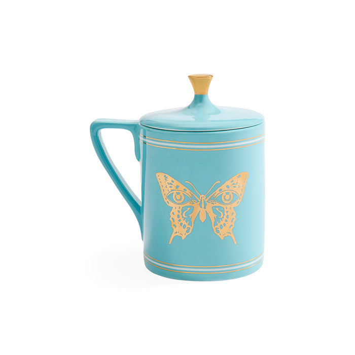 A light blue ceramic mug with a matching lid and gold butterfly design, set against a plain white background.