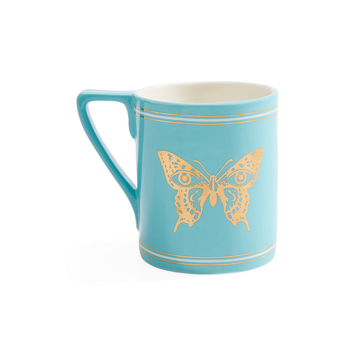 A light blue ceramic mug with a gold butterfly design and thin gold stripes, shown on a plain white background.