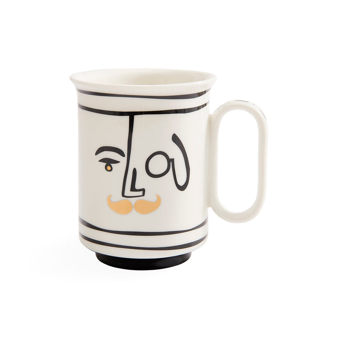 A white ceramic mug with a handle, featuring a minimalist black line art face with a small yellow mustache and black horizontal stripes.