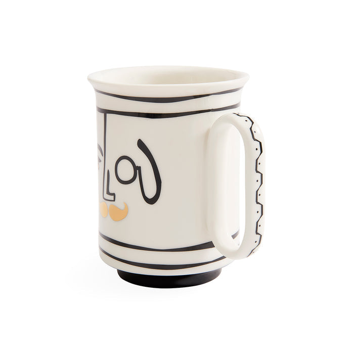 A white ceramic mug with black hand-drawn style lines, black stripes, and a small yellow accent on the side, shown against a plain white background.