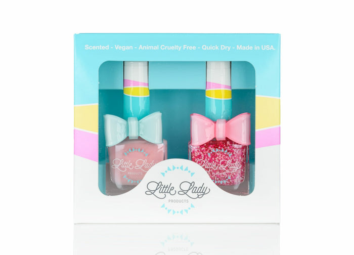 Marshmallow Princess Duo nail polish set, featuring two bottles with an adorable bow, perfect for kids' playful and safe manicures.