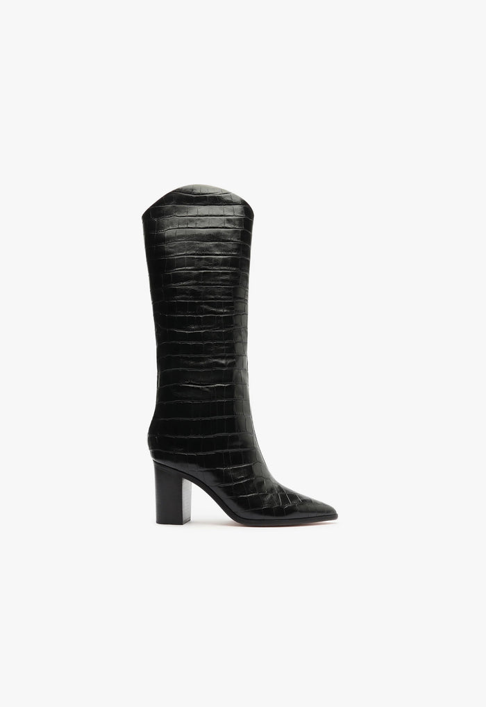 Maryana Block Wide Crocodile Boot 5 Black Crocodile-Embossed Leather - Schutz Shoes