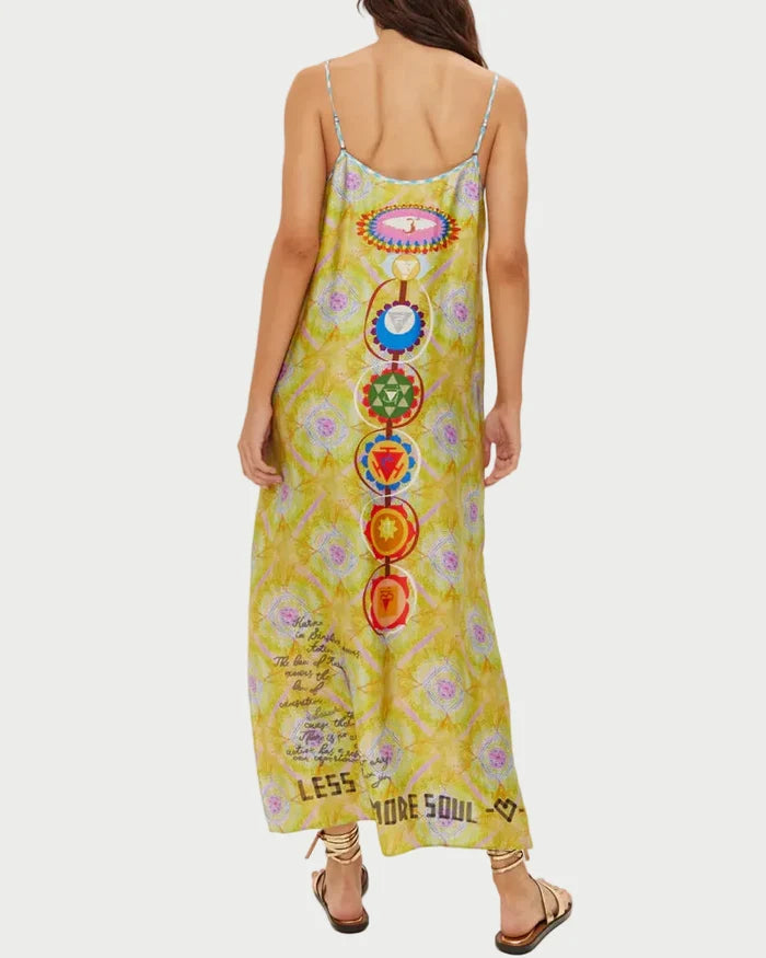 Woman wearing a colorful dress with a white background