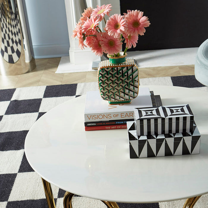 op art lacquer boxes stacked versailles maze vase scalinatella cocktail table - styled view