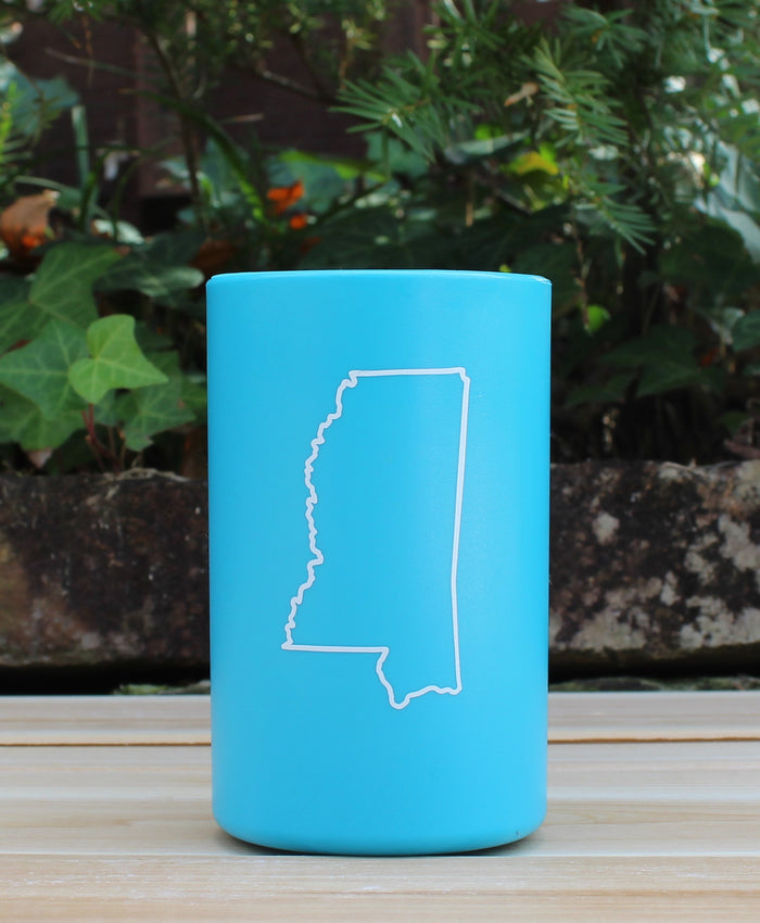 blue plastic tumbler with a white outline of Mississippi, Made in USA