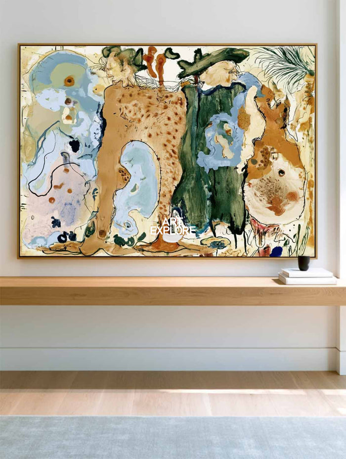 Abstract Brown And Green Canvas Painting With Blue Accents Hand-Painted Wall Art