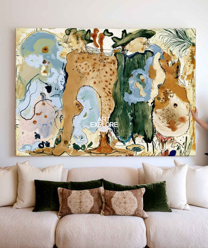 Abstract Brown And Green Canvas Painting With Blue Accents Hand-Painted Wall Art