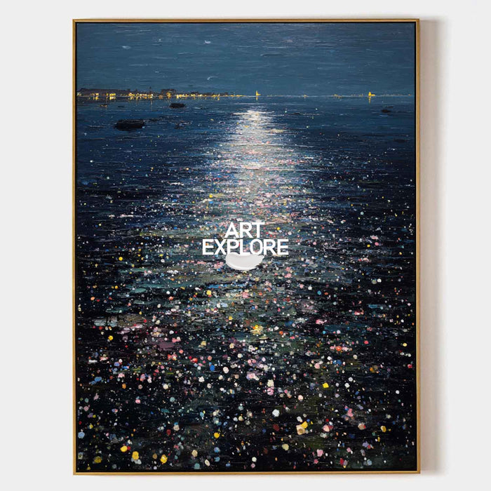 Abstract Moonlit Ocean Painting With Textured Blue Waves For Modern Home Decor