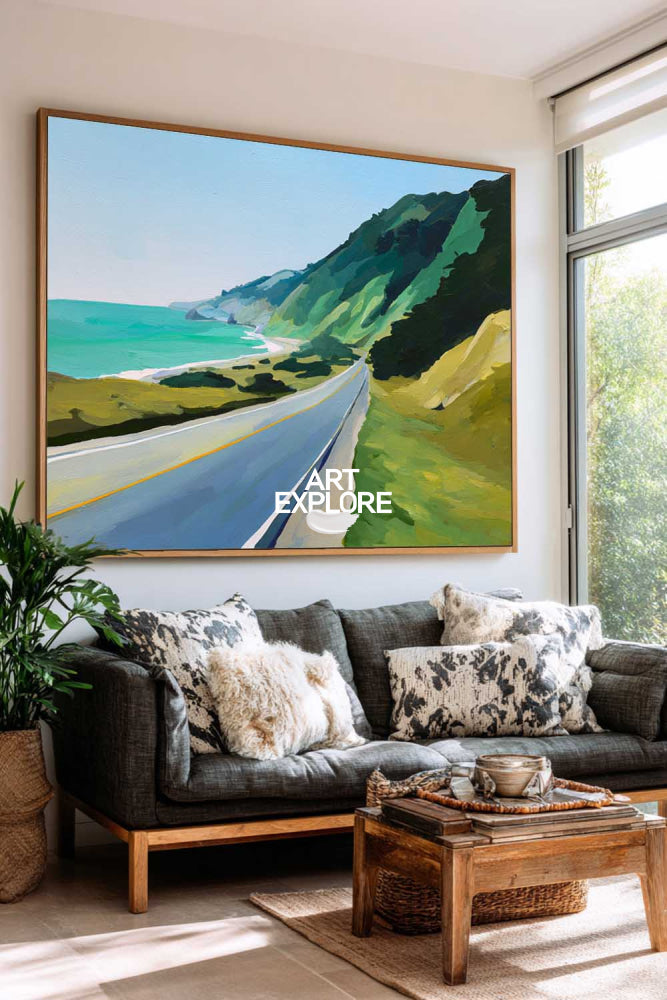 Abstract Coastal Road Landscape Painting With Ocean View For Modern Living Room Decor