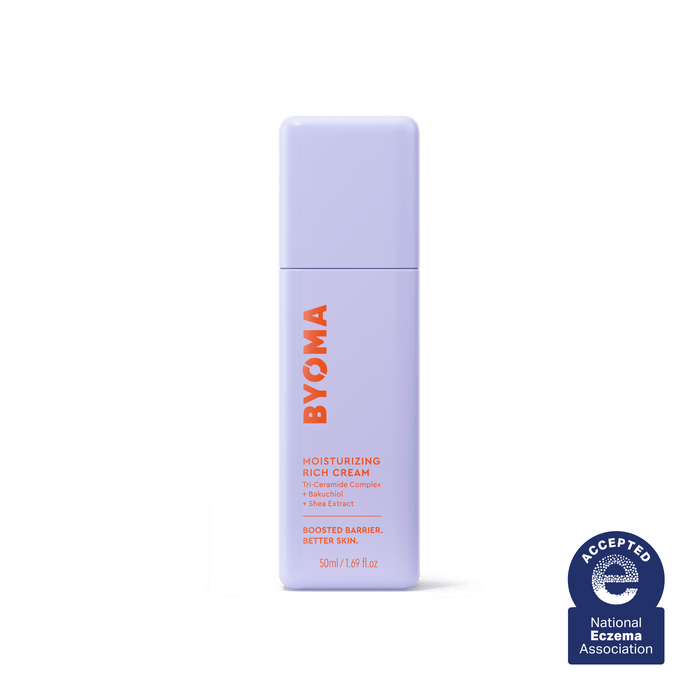 A BYOMA Moisturizing Rich Cream bottle with National Eczema Association approval seal.