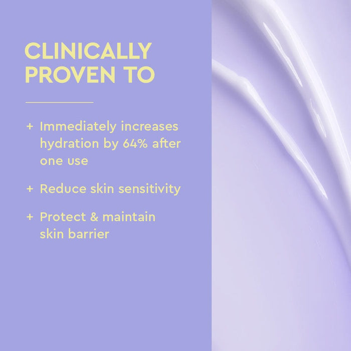 Product packaging with text claiming clinical benefits on a light purple background