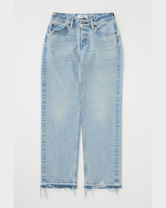 Light blue denim jeans on a white background