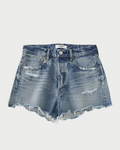 A pair of blue Moussy Packard Shorts by Moussy with distressed details, frayed hems, front pockets, belt loops, and a button fly closure. The 100% cotton fabric features several worn and torn areas, giving them a rugged, vintage look. The shorts are laid flat against a plain white background.