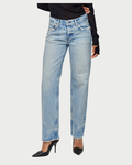 A person wears Moussy Wildwood Straight Leg Jeans in a light wash, paired with black pointed-toe heels and a black long-sleeve top. The photo is cropped at the shoulders.