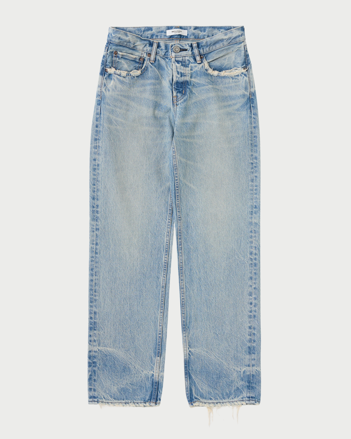 The Moussy Wildwood Straight Leg Jeans by Moussy feature a light blue, high-waisted fit with distressed pockets and waistband, faded wash, and frayed hems, shown laid flat on a white background.