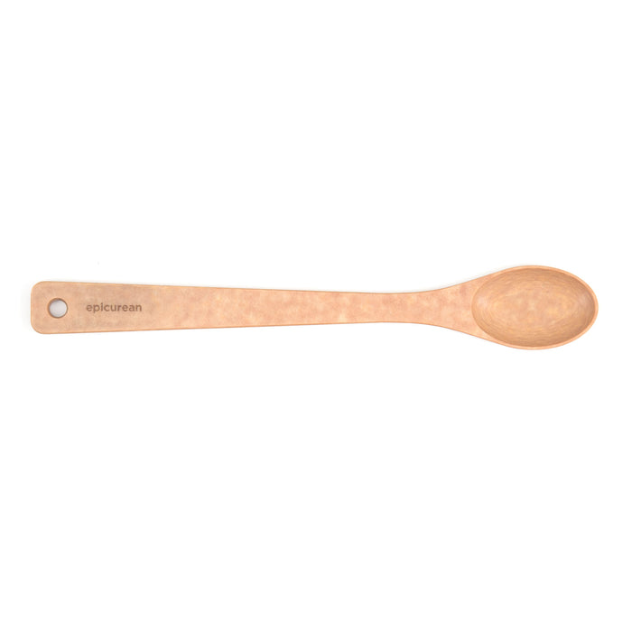 Light wood-tone spoon with long handle and 'epicurean' logo on handle.