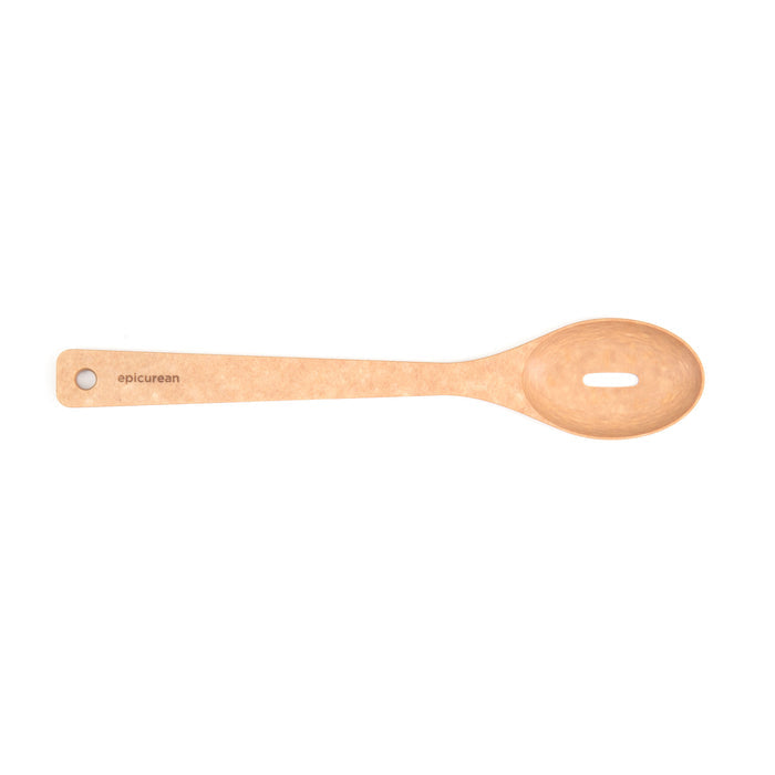 Top view of Natural Slotted Spoon Spatula showcasing center slot and 3/8-inch thick Richlite construction on white background