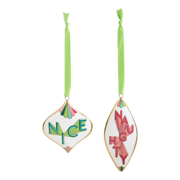 Two decorative hanging ornaments on a white background, each with a light green ribbon loop. One ornament is white with green and pink lettering reading "NYCE," and the other is white with pink lettering reading "NYC" and small green and pink accents.