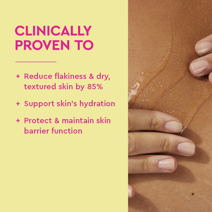 Product packaging with text on a yellow background and a close-up of skin texture.