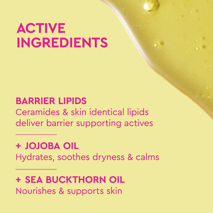 BYOMA Nourishing Body Oil label listing active ingredients, on a yellow background.
